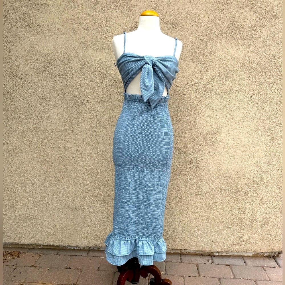 MABLE Blue Smocked Midi Dress with Bow Detail